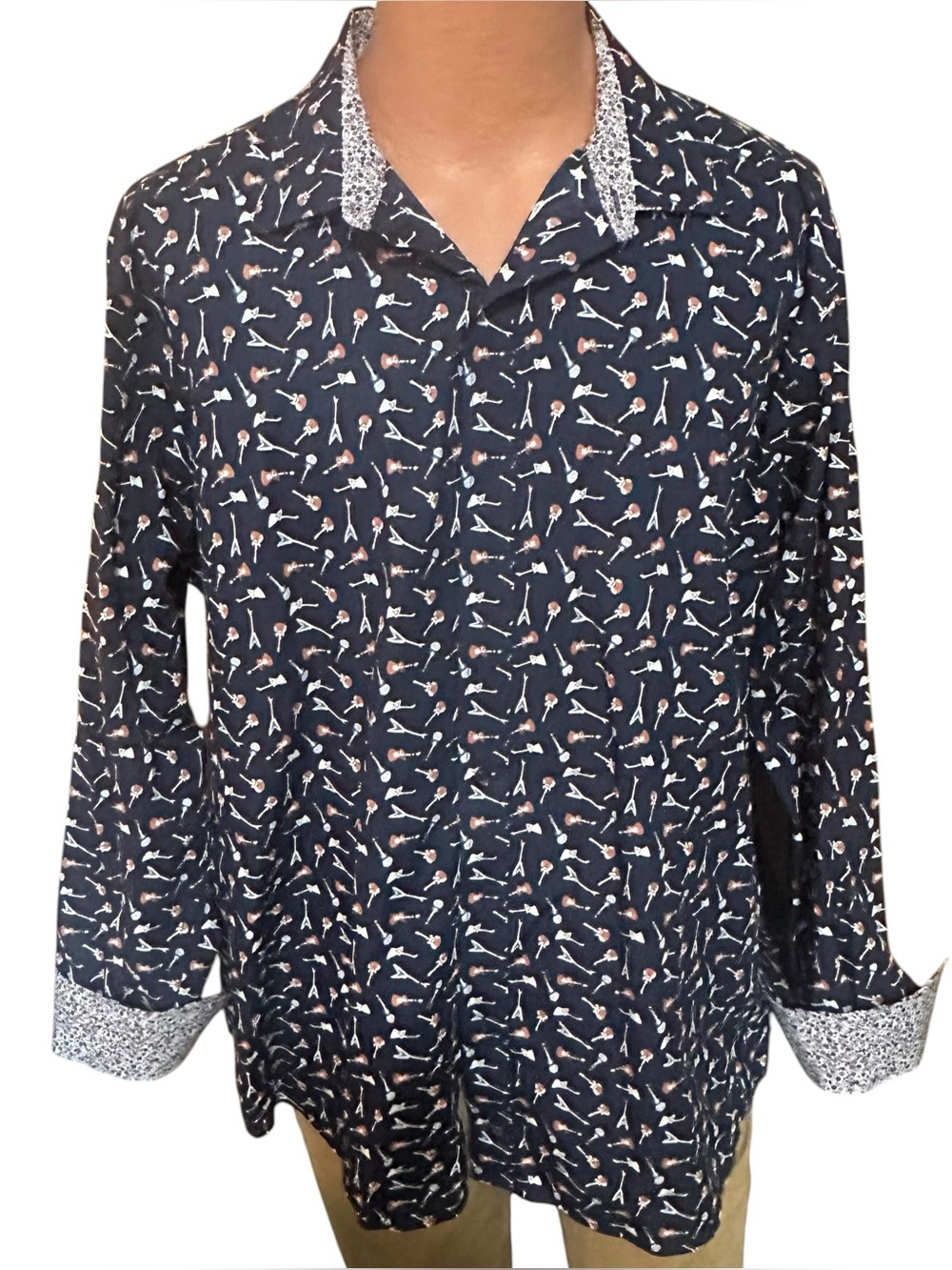Johnston & Murphy Navy Guitar Button Down Shirt 25729514- Size XL